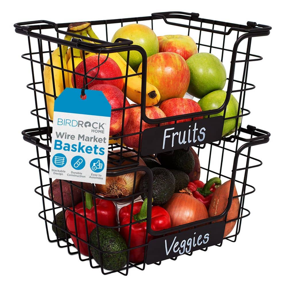 Set of 2 Black Stacking Wire Market Baskets with Chalk Label, Fruit Vegetable Metal Storage Bin for Kitchen Counter price history on PriceWatchPro