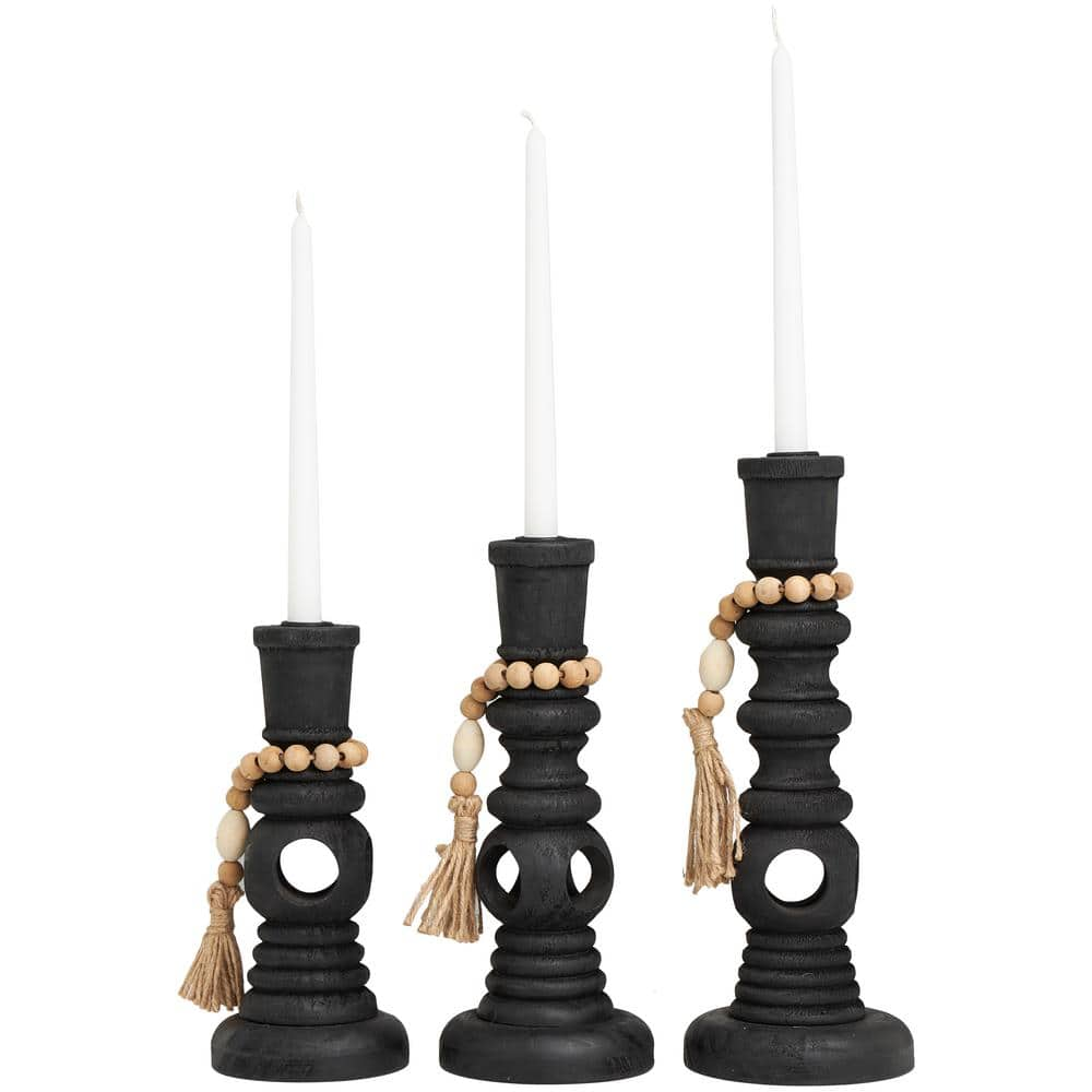 Litton Lane Black Wood Handmade Textured Matte Candle Holder with Beaded Garland Accent (Set of 3)