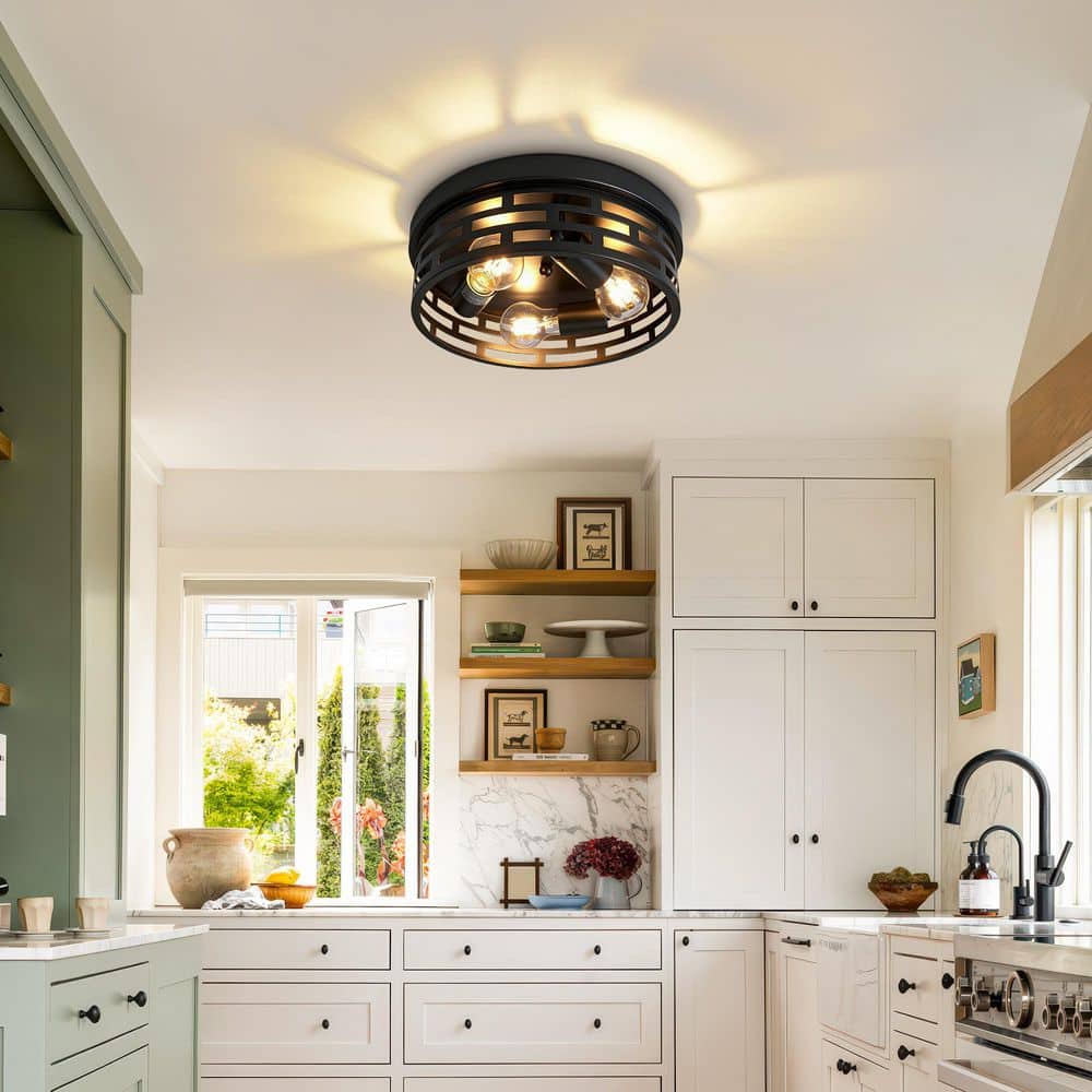 12.6 in. 3-Light Farmhouse Matte Black Parallel Cutout Cage Flush Mount Ceiling Light for Kitchen, Hallway (1-Pack) price history on PriceWatchPro