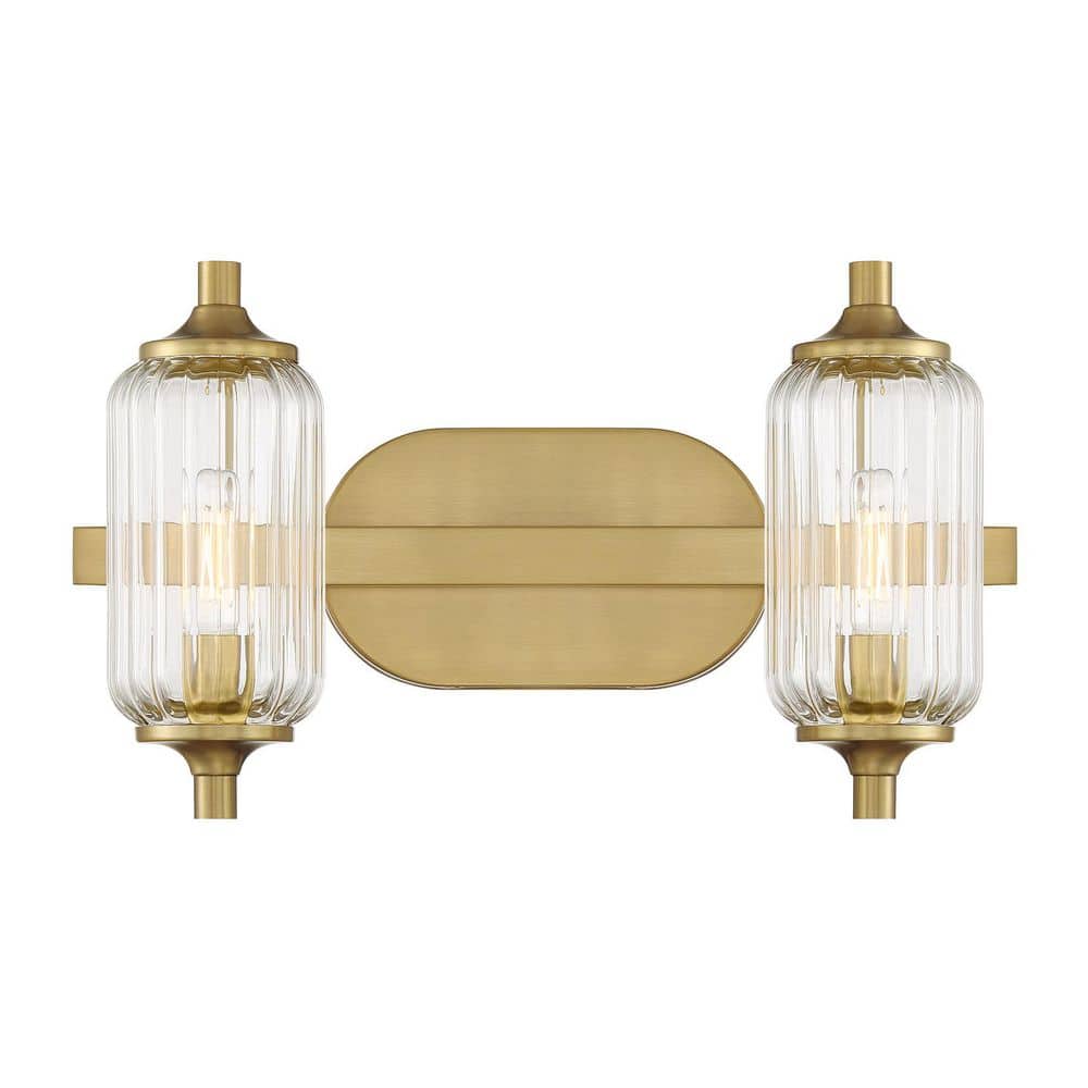 Holton 16 in. W x 9 in. H 2-Light Warm Brass Bathroom Vanity Light with Clear Ribbed Glass Shades price history on PriceWatchPro