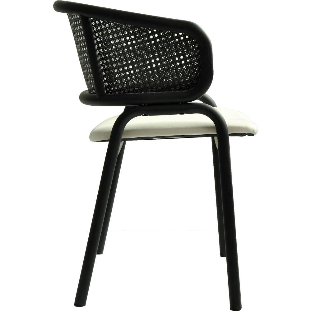 Modern Black Metal and Cane Arm Chair with Beige Upholstered Seat