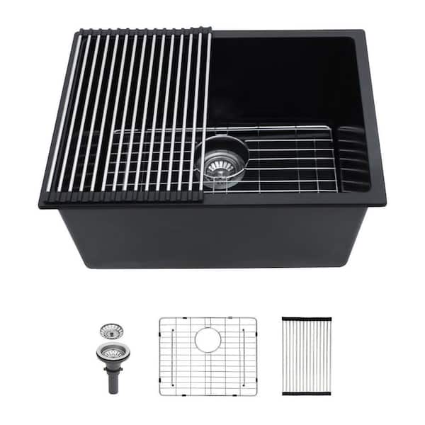 24 in. Undermount Single Bowl Black Quartz Workstation Kitchen Sink with Bottom Grids