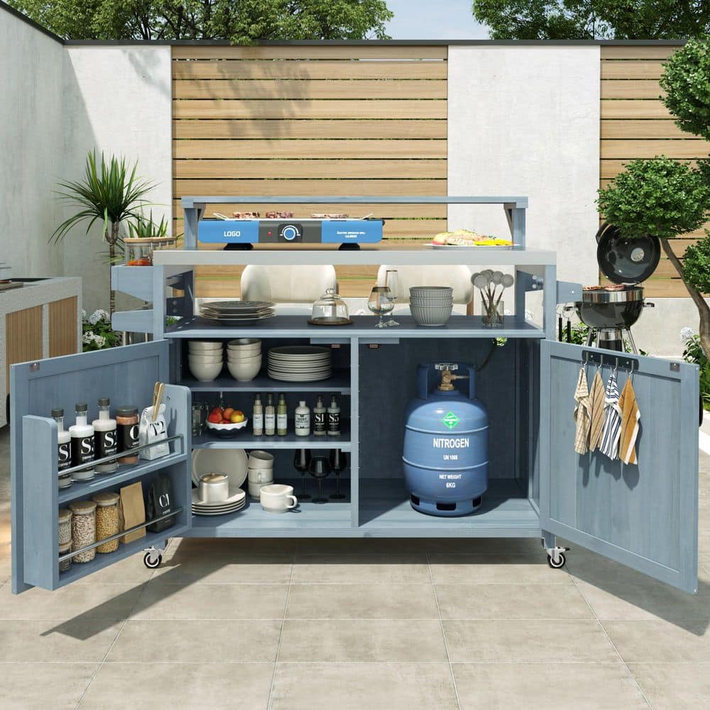 Runesay Gray Portable Outdoor Grill Cart Prep Table with Storage