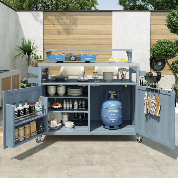 Runesay Gray Portable Outdoor Grill Cart Prep Table with Storage