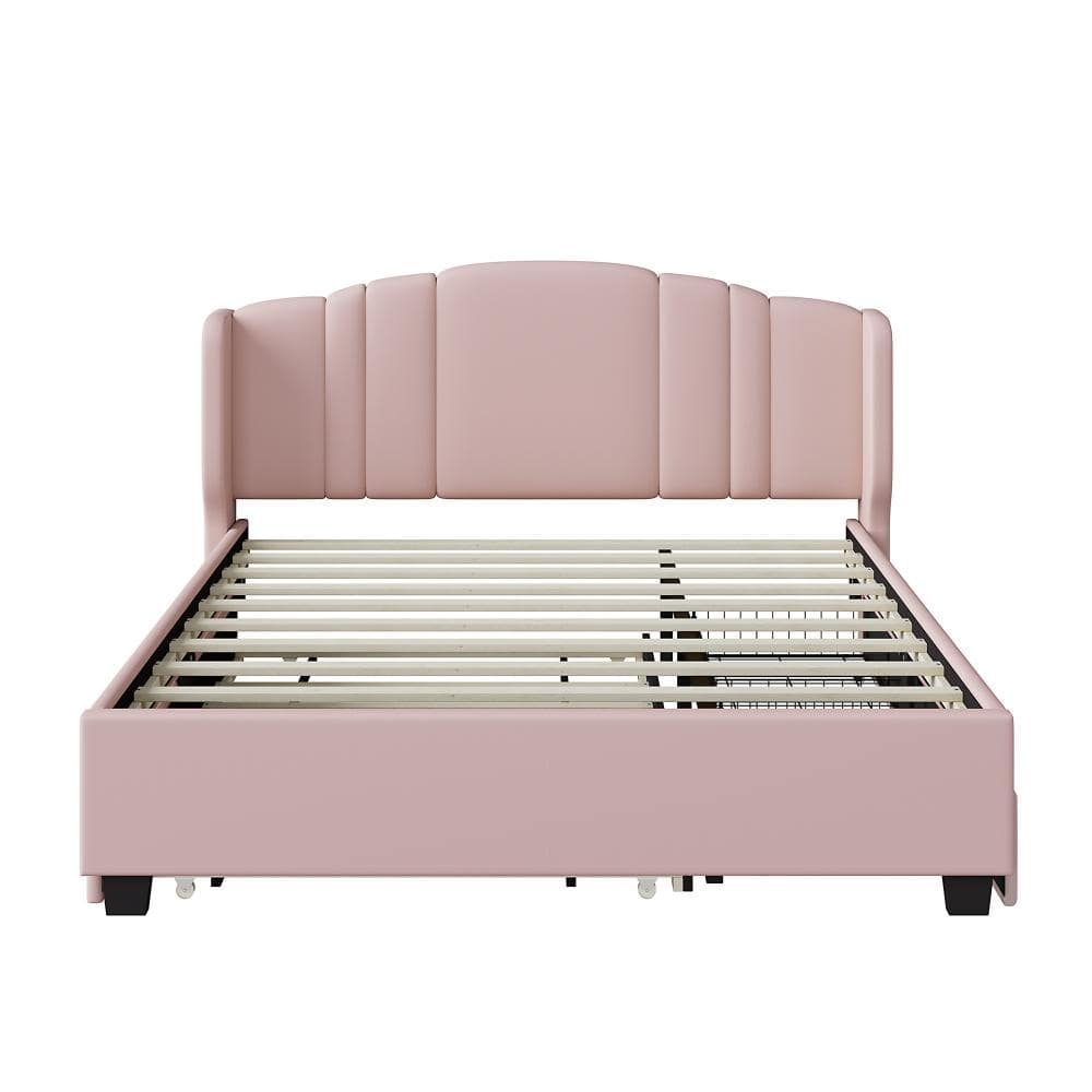 Pink Linen Frame Queen Platform Bed with Wingback Headboard, Twin Trundle and 2 Drawers durable construction