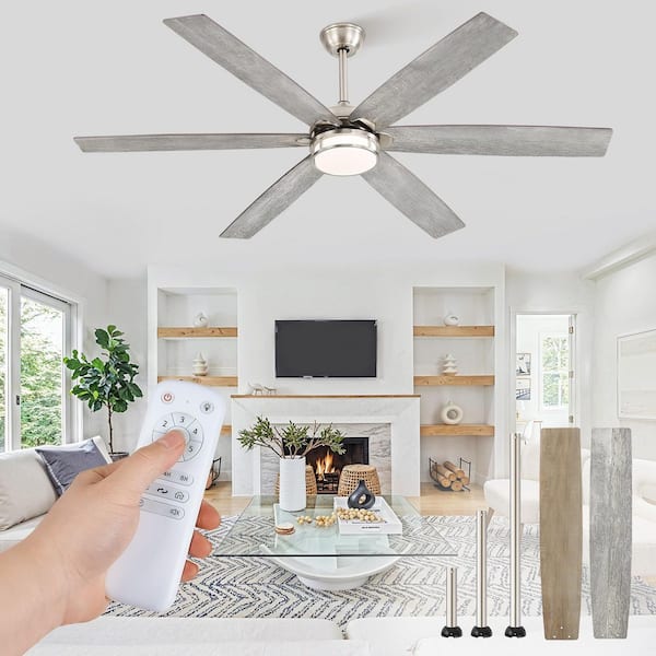 HINNIXY 65 in. Indoor Nickel Downrod/Angled Mount 6-Speed Ceiling Fan with 3-Color Light Kit, Dual-Finish Blades, Remote Control