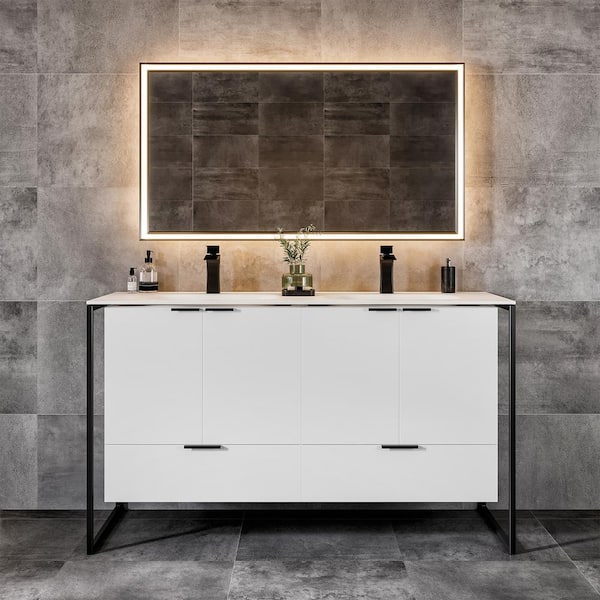 Eviva Moma 48 in. Double Sink Floating White Bath Vanity with White Solid Surface Top (Assembled)