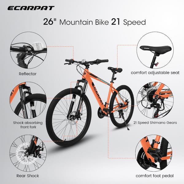 26 in. Orange Steel Mountain Bike with 21 Speed Shock Absorbing Front Fork for Adult