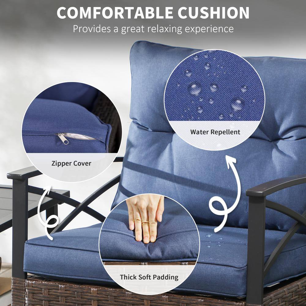 Dark Blue Wicker Rocking Chair Bistro Set with Cushions