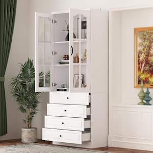 White Wood Accent Storage Cabinet With Glass Doors, Adjustable Shelves, Drawers (31.5 in. W x 15.7 in. D x 78.7 in. H)