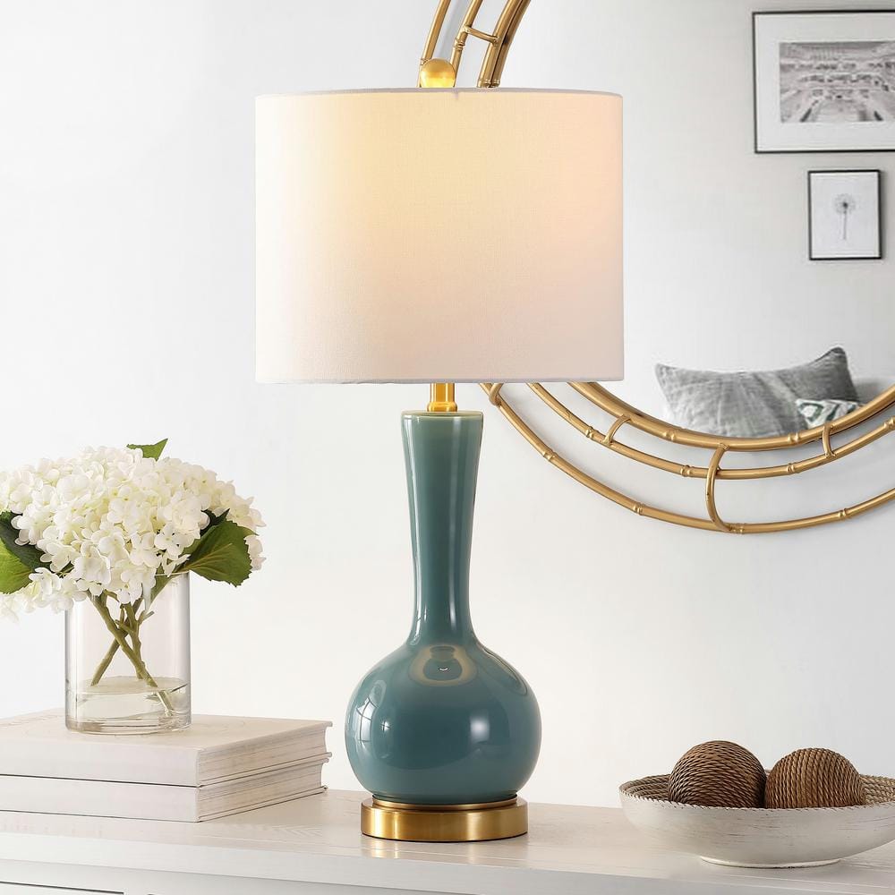 Teal and White Glass Gourd Table Lamp with Drum Shade