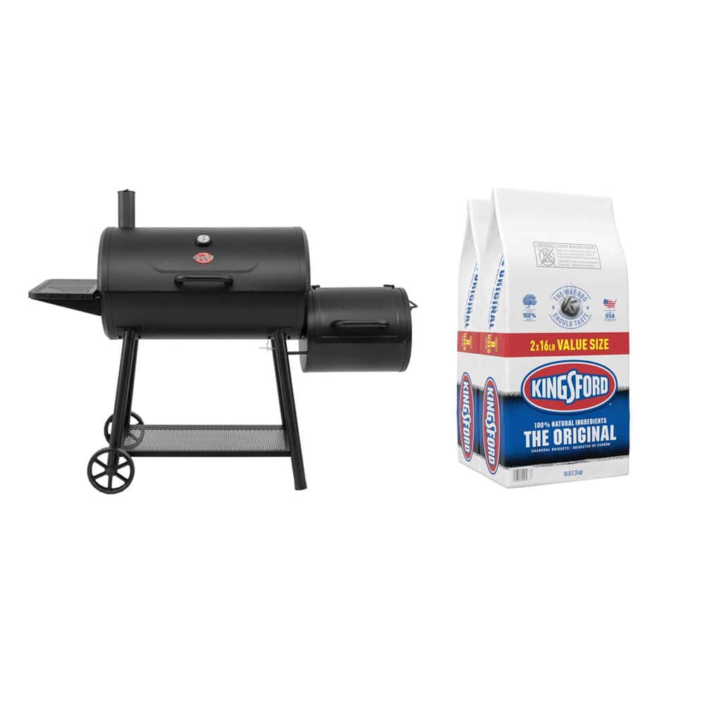 16 lbs. Original BBQ Smoker Charcoal Grilling Briquettes w/Smokin&#39; Champ Charcoal Grill Offset Smoker in Black (2-Pack)