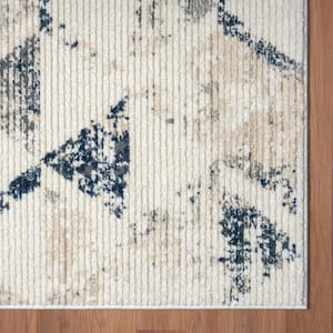 Britny Ivory/Blue 5 ft. x 7 ft. Contemporary Geometric High-Low Plush Polyester Blend Area Rug