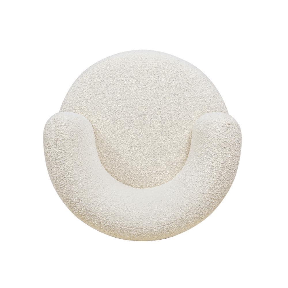 Ivory White Boucle Swivel Barrel Accent Chair with Wood Base