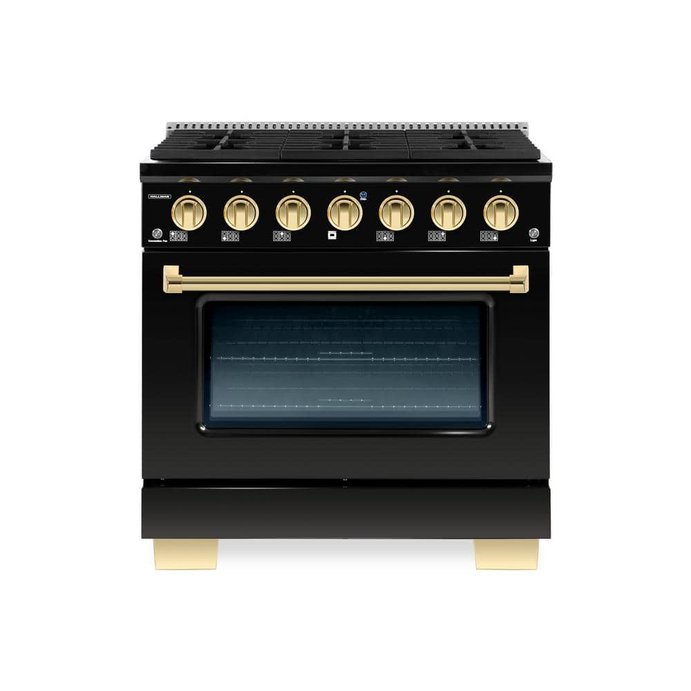 BOLD 36 in. 5.2 cu. ft. 6 Burner Freestanding All Gas Range with Gas Stove and Gas Oven, Glossy Black with Brass Trim -  Hallman, HBRG36BSGB