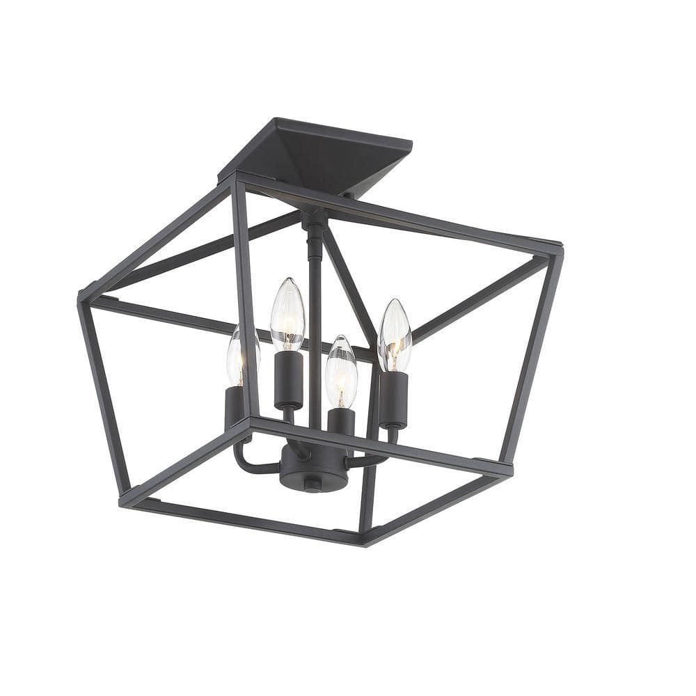 Matte Black 4-Light Semi-Flush Mount Lantern