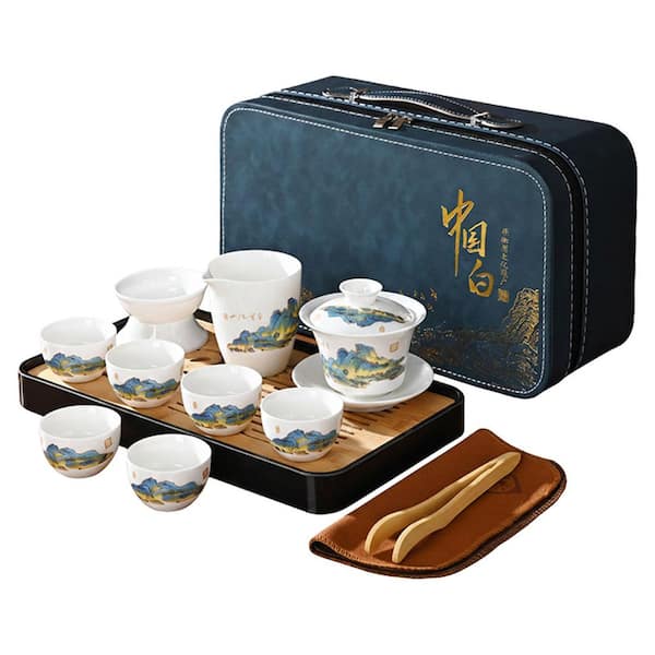 Portable Chinese Kung Fu Tea Set with Gaiwan, 6-Cups, Fairness Cup, Strainer, Tray, Carry Bag, 1-Set