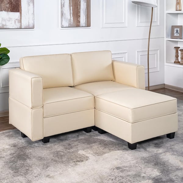 MAYKOOSH 61.02 in. W Beige Faux Leather 1 Piece Loveseat with Storage and Ottoman 2-Seater Love seats for Small Spaces