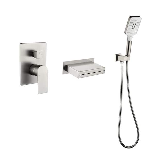 Single Handle Wall Mount Roman Tub Faucet with 3 Functions Hand Shower, Waterfall Wide Tub Spout in Brushed Nickel