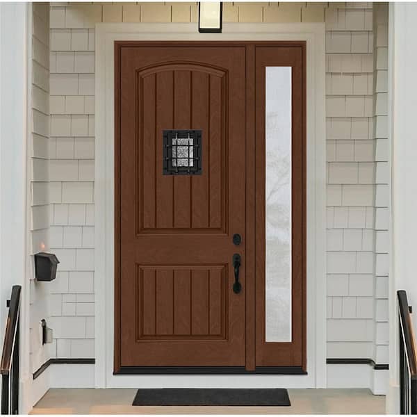 Regency 51 in. x 96 in. 2P Plank Cavalier Speakeasy LHIS Chestnut Stain Fiberglass Prehung Front Door w/12in. Rain SL