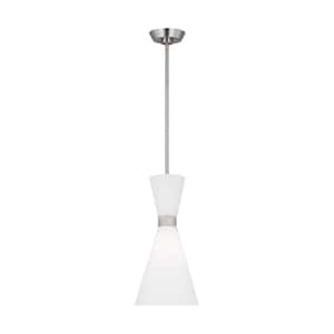 Belcarra Small 8 in. W x 16.375 in. H 1-Light Brushed Steel Statement Pendant Light with Etched White Glass Shade