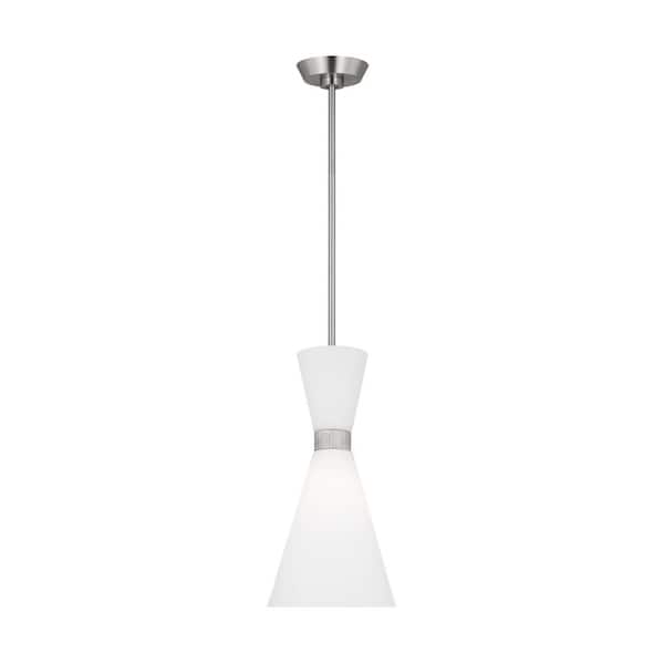 SCOTT LIVING Belcarra Small 8 in. W x 16.375 in. H 1-Light Brushed Steel Statement Pendant Light with Etched White Glass Shade