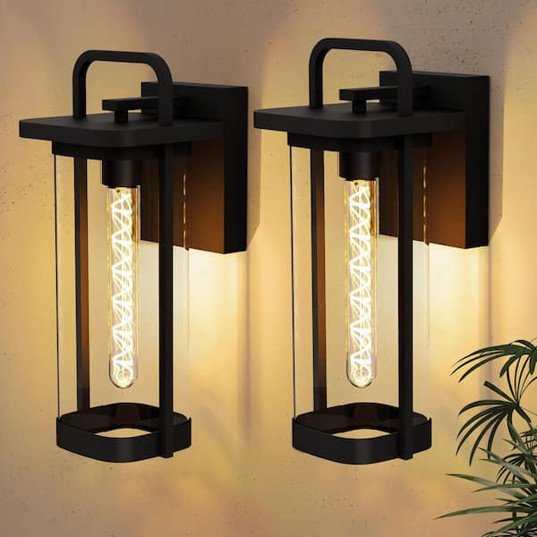 15 in. 1-Light Modern Black Hardwired Outdoor Wall Lantern Sconce with Clear Glass, IP65 Waterproof Wall Sconce (2-Pack)