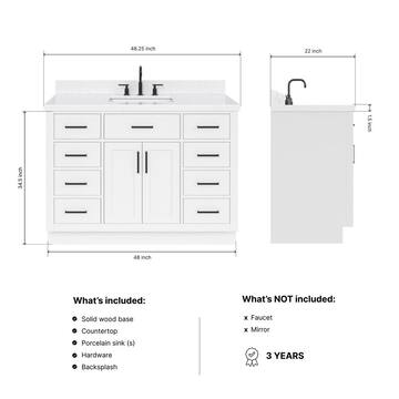 ARIEL Hepburn 48 in. W x 22 in. D x 36 in. H Single Sink Freestanding Bath Vanity in White with Carrara Qt. Top T048SCQRVOWHT