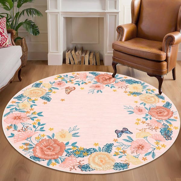Wavy Edge Decorative Machine Washable Vintage Floral Printed Carpet for Bedroom Apartment Pink 4 ft. x 4 ft. Area Rug