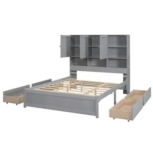 Gray Wood Frame Queen Size Platform Bed with Cabinets, Shelves, and 4 Drawers