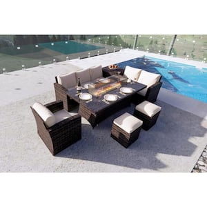 TOTEM 7-Piece Wicker Patio Fire Pit Conversation Sofa Set With Beige Cushions