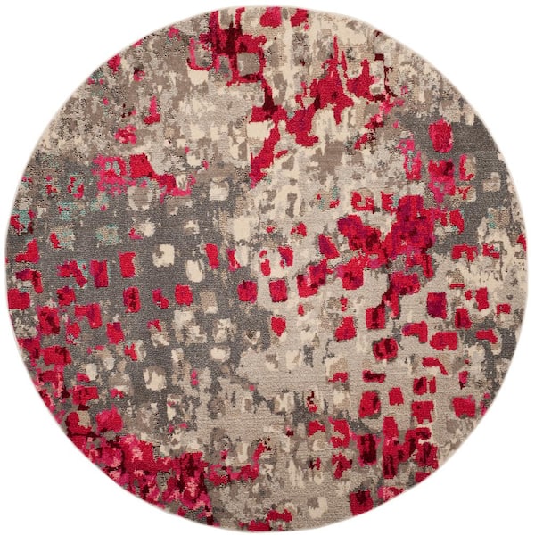 SAFAVIEH Monaco Gray/Fuchsia 7 ft. x 7 ft. Round Geometric Area Rug