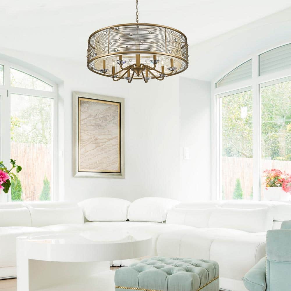 Elegant Peruvian Gold 8-Light Chandelier with Sheer Filigree Shade