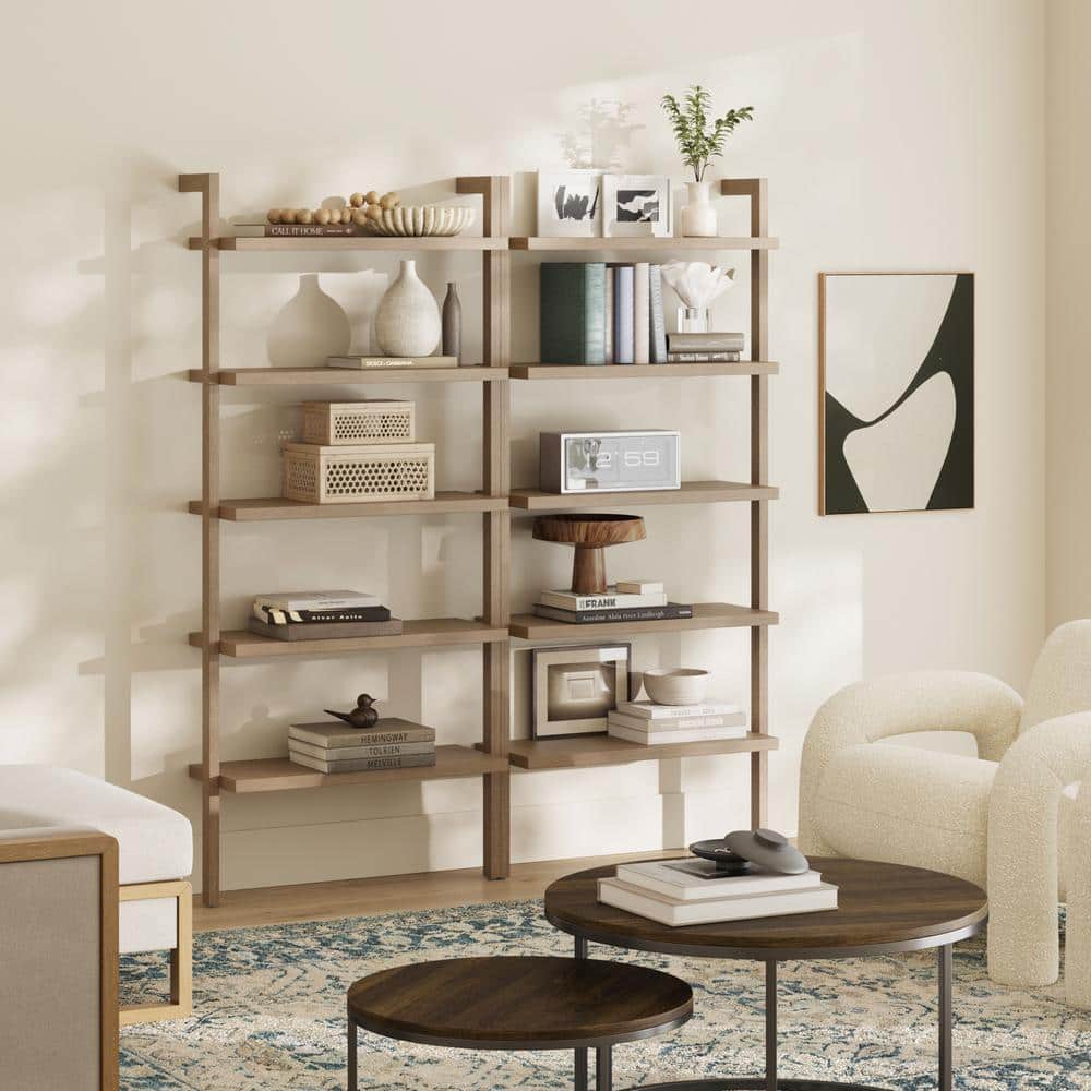 Brushed Light Brown 5-Tier Solid Wood Wall Mounted Bookshelf Set