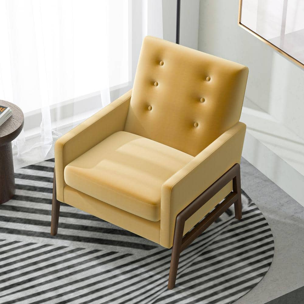 Steven Mid-Century Yellow Velvet and Wood Accent Armchair