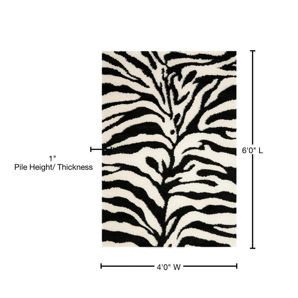 Ivory and Black Zebra Stripe Shag Area Rug, 4' x 6'