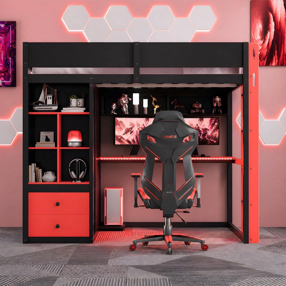 Black/Red Full Pine Wood Loft Bed with Desk and Smart APP Control LED Light Strip