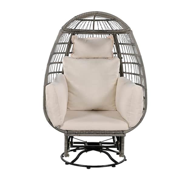 Tenleaf Gray Wicker Rattan Egg Swivel Outdoor Lounge Chair with Beige Cushions, Rocking Function