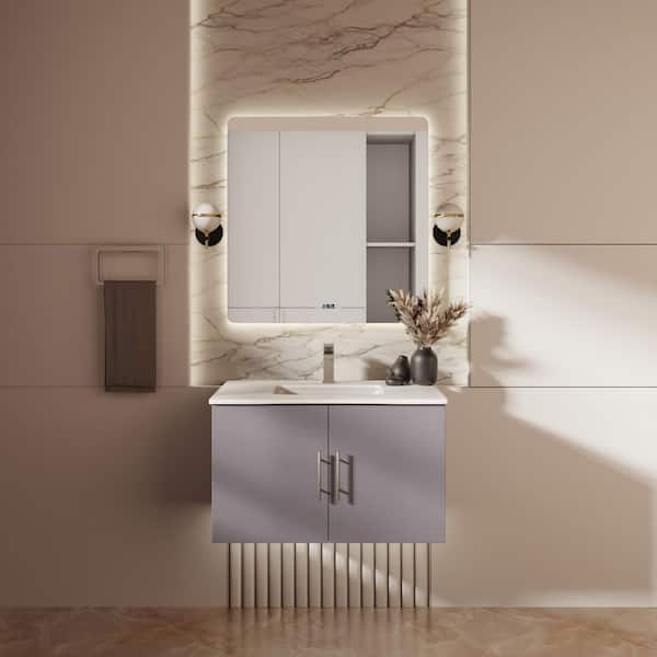 Geneva 30 in. W x 22 in. D Dark Grey Bath Vanity, Cultured Marble Top, Faucet Set, and 30 in. LED Mirror