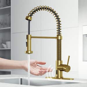 Edison Single Handle Pull-Down Sprayer Kitchen Faucet Set with Deck Plate and Touchless Sensor in Matte Brushed Gold