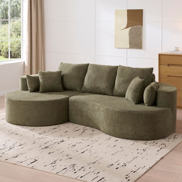 106 in. 2-Piece Fabric Cloud Curved Sectional Sofa in Green with Chaise Lounge, No Assembly