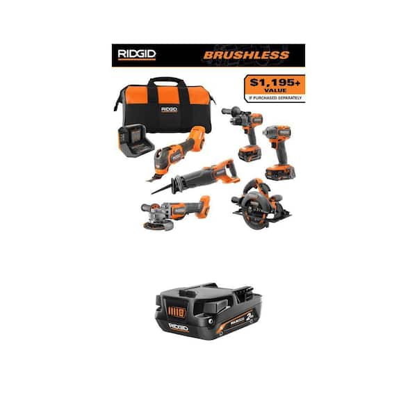 18V Brushless Cordless 6-Tool Combo Kit with 6.0 Ah and 2.0 Ah Batteries and 18V 2.0 Ah Battery (2-Pack)
