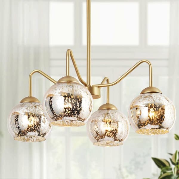 Zevni 20.5 in. 4-Light Modern Gold Linear Chandelier, Transitional Dining Room Chandelier, Globe Mercury Glass Pendant Light