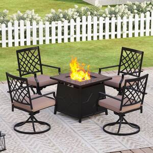 5-Piece TerrFab Patio Fire Pit Set, 4 Beige Cushioned Swivel Metal Chairs, 28 in. Square Gas Fire Pit Table with Lid