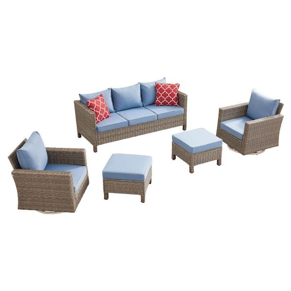 5-Piece Wicker Patio Conversation Set with Blue Cushions