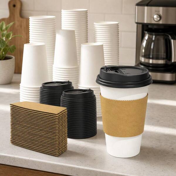 Wudkey 16 oz. White Insulated Paper To-Go Coffee Mugs with Lids and Sleeves, Leak-Proof Hot/Cold Beverage Set (Set of 100)