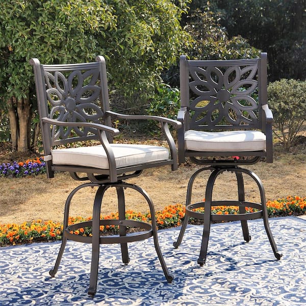 PHI VILLA Brown Swivel Cast Aluminum Outdoor Bar Stool with Beige Cushion (2-Pack)