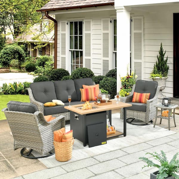 weaxty W Tulip D Gray 5-Piece Wicker Patio Storage Fire Pit Conversation Set with Swivel Rocking Chairs and Black Cushions