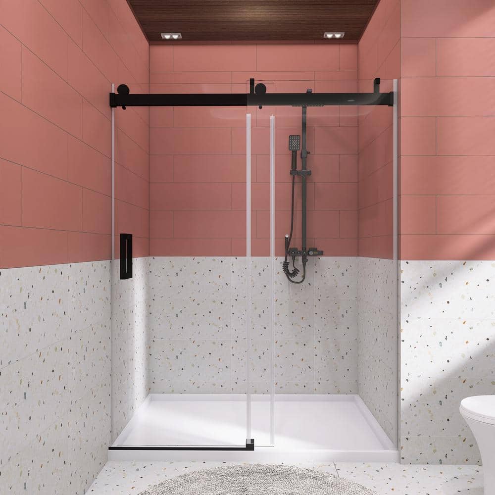 72'' Matte Black Frameless Sliding Shower Door with Clear Glass