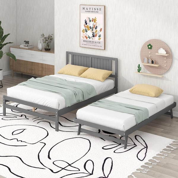 Qualler Gray Full Size Platform Bed with Adjustable Trundle